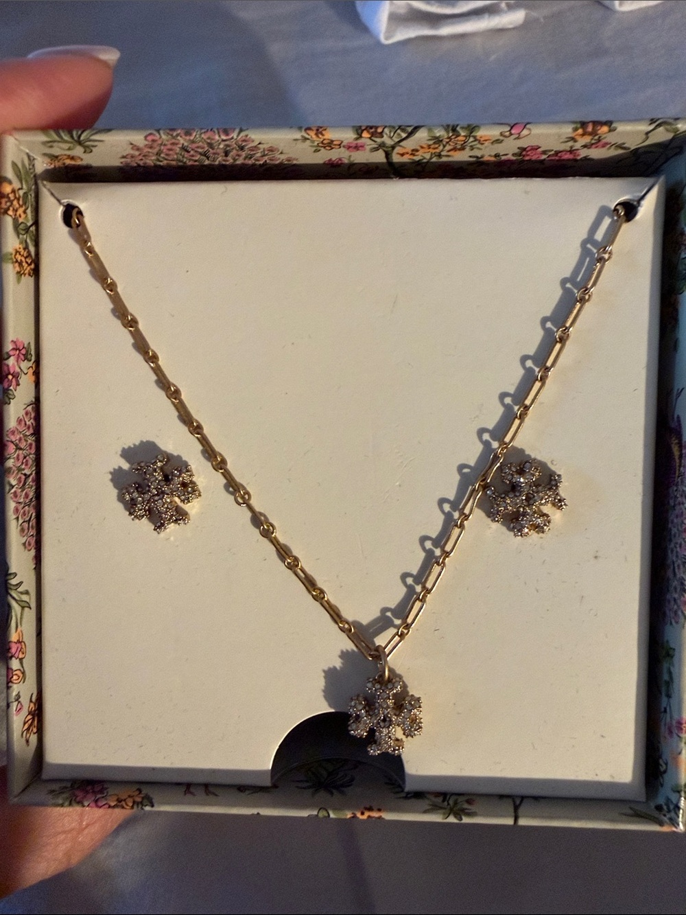 Tory Burch brand new in box Gold Floral Crystal Necklace and Earring Set